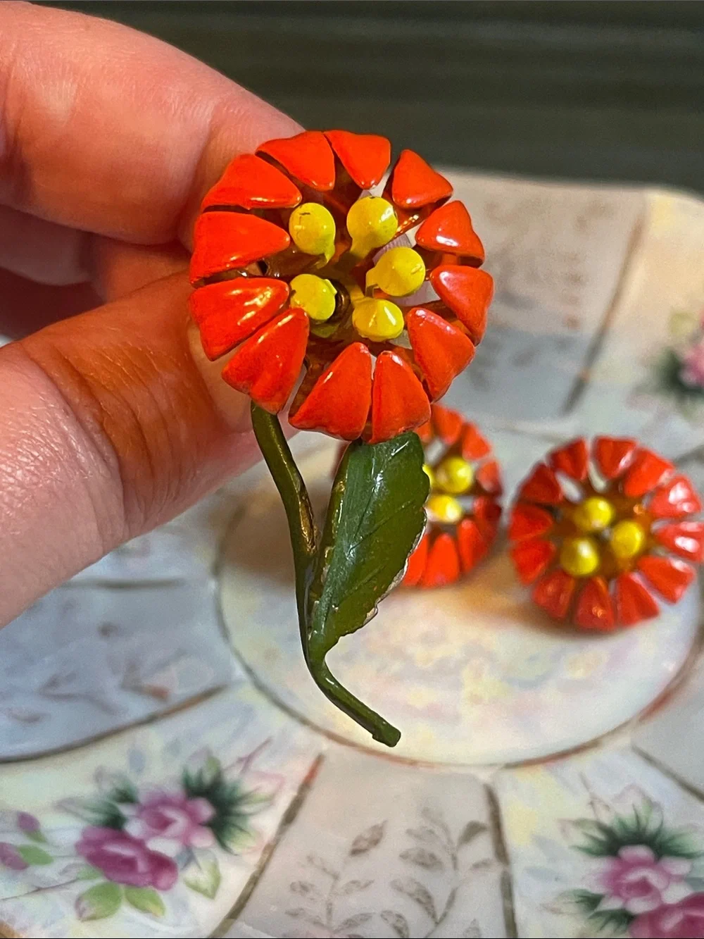 1960’s Retro Colorful Enamel Flower Brooch & Clip On Earring Set